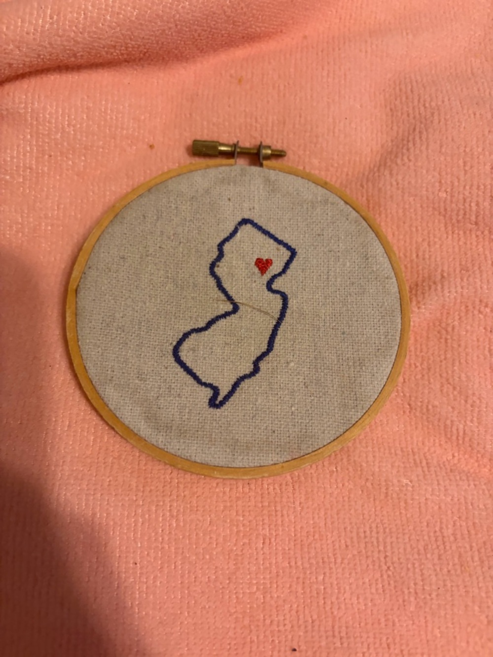 Hand-Embroidered State of New Jersey Outline Hoop with Red Heart